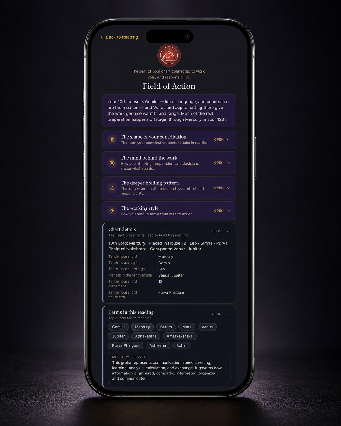 Becoming Vedic mobile app mockup showing the Field of Action reading with Chart details and Terms in this reading expanded.