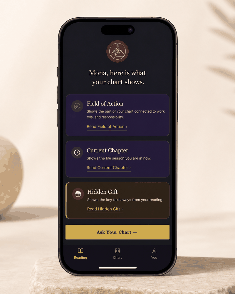 Becoming Vedic mobile app reading overview showing Field of Action, Current Chapter, Hidden Gift, and Ask Your Chart.